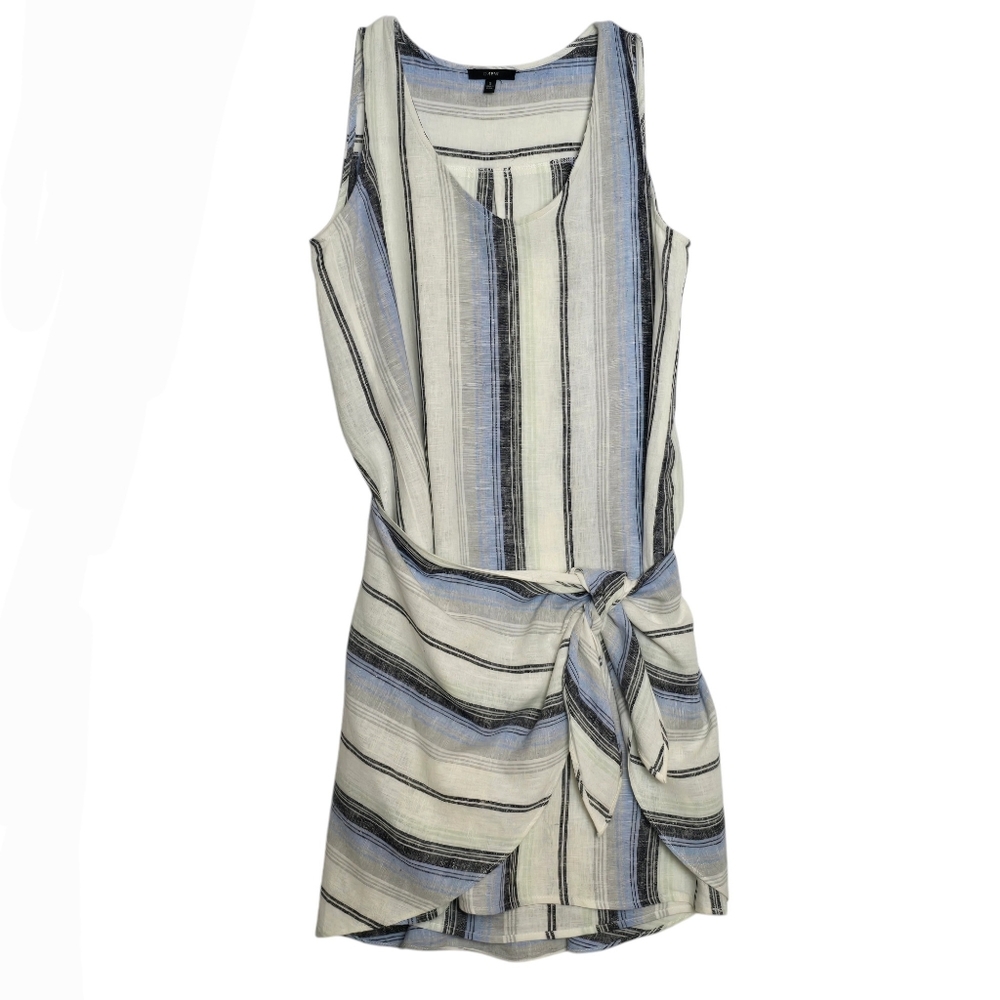 DREW Blue and Cream Sundress with Asymmetrical Ruched Detail